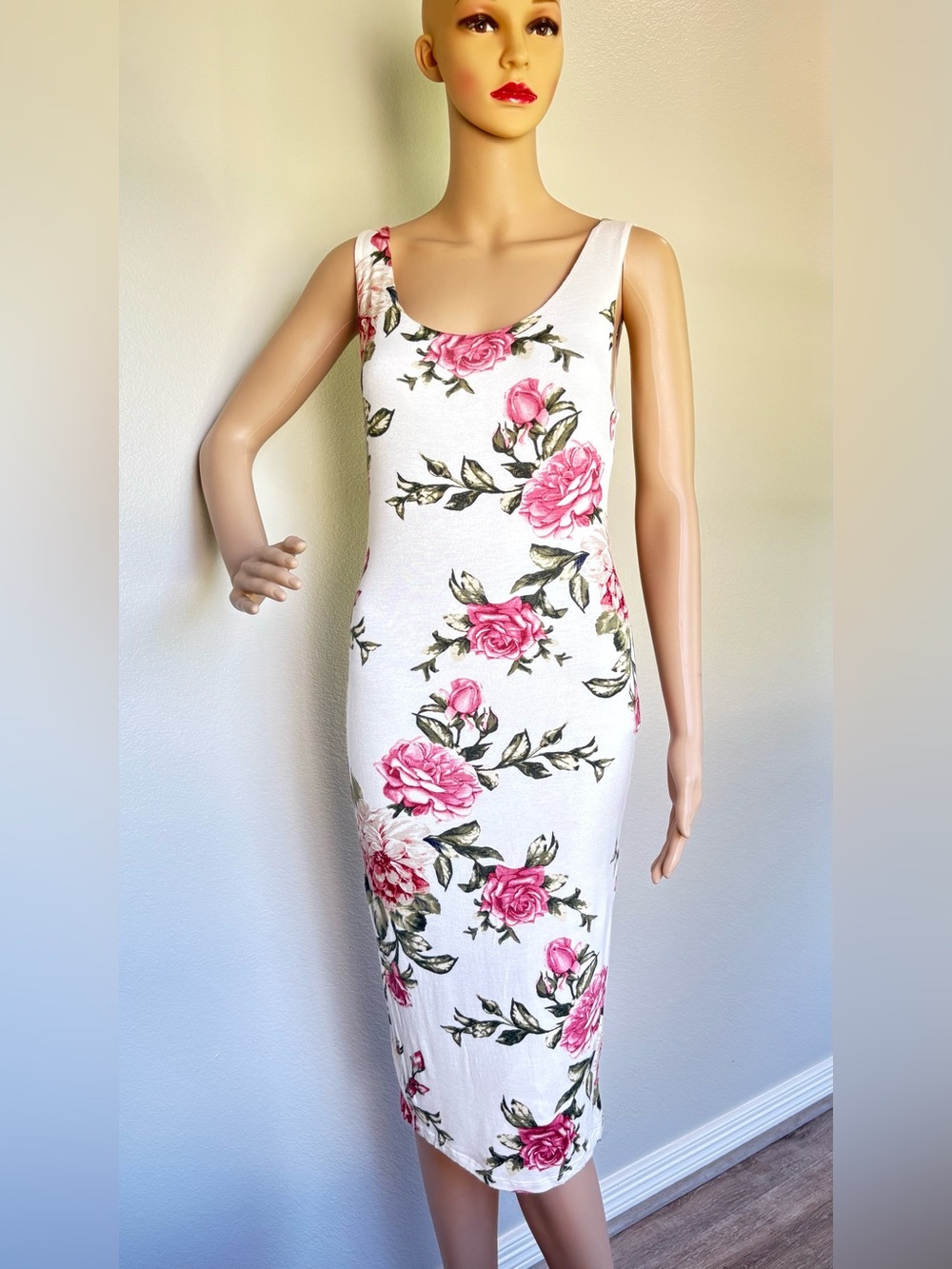 Popular Basics White Midi Dress with Pink Rose Print and back zipper Medium - Picture 2 of 14